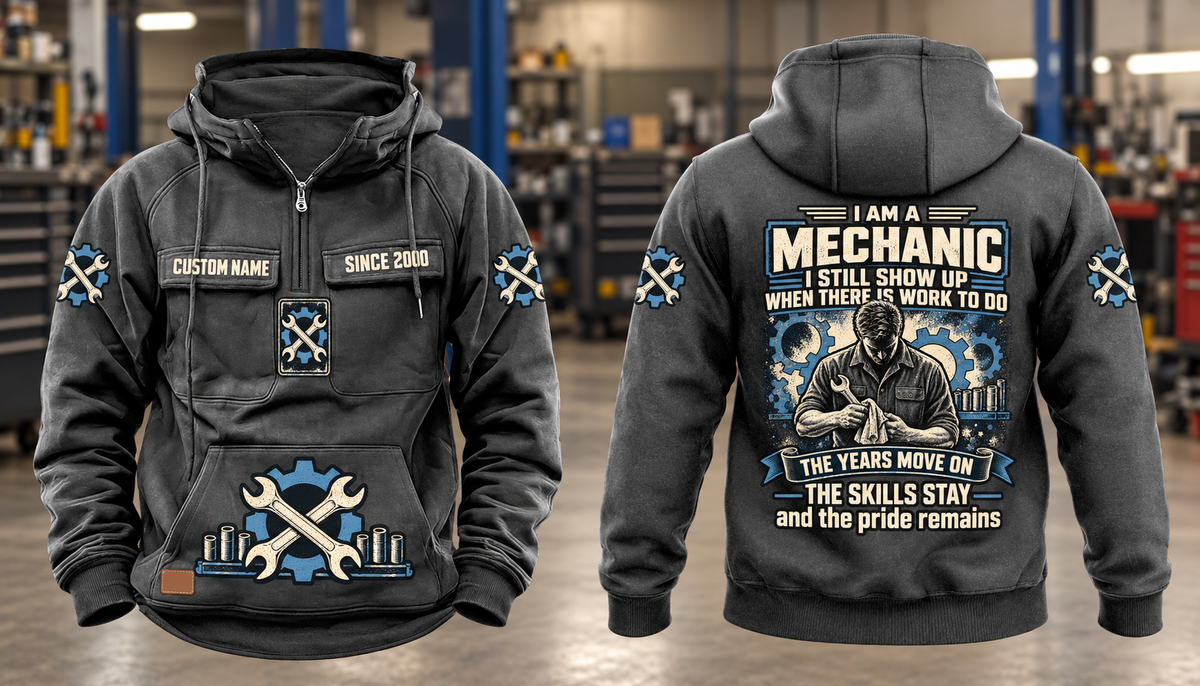 Mechanic Skills and Pride Vintage Hoodie in Dark Gray, complete separated front and back views with sample chest text CUSTOM NAME and SINCE 2000, gear-and-wrench motifs, and mechanic portrait back artwork.