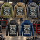 Mechanic Skills and Pride Vintage Hoodie in Military Green, Kaki, Dark Gray, Black and Dark Blue, five complete back views arranged in a three-over-two grid in a quiet vehicle workshop.