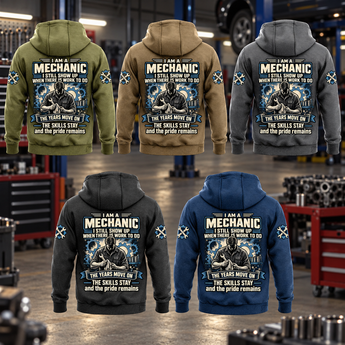 Mechanic Skills and Pride Vintage Hoodie in Military Green, Kaki, Dark Gray, Black and Dark Blue, five complete back views arranged in a three-over-two grid in a quiet vehicle workshop.