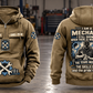 Mechanic Skills and Pride Vintage Hoodie in Kaki, complete separated front and back views with sample chest text CUSTOM NAME and SINCE 2000, gear-and-wrench motifs, and mechanic portrait back artwork.