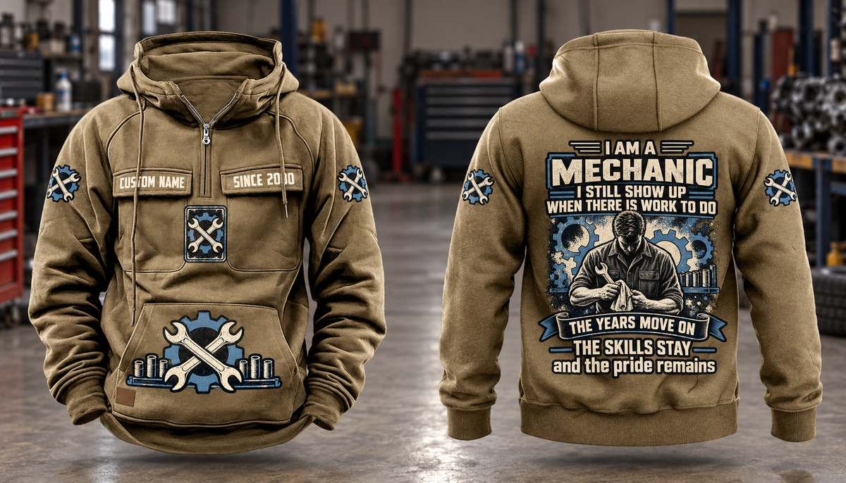 Mechanic Skills and Pride Vintage Hoodie in Kaki, complete separated front and back views with sample chest text CUSTOM NAME and SINCE 2000, gear-and-wrench motifs, and mechanic portrait back artwork.