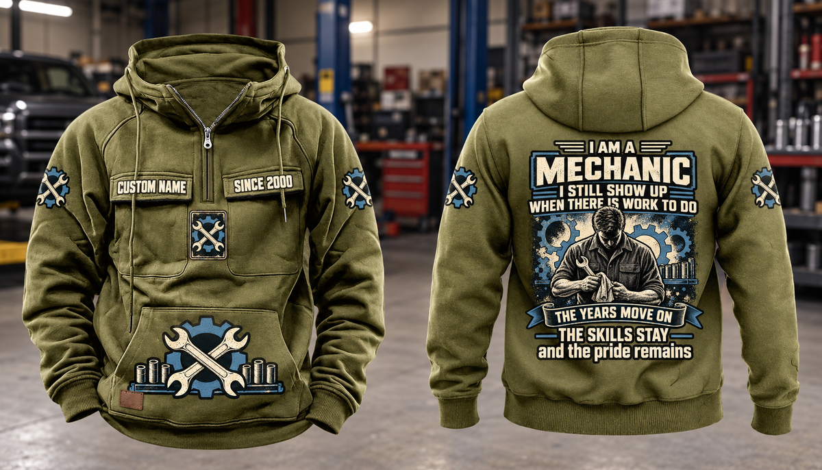 Mechanic Skills and Pride Vintage Hoodie in Military Green, complete separated front and back views with sample chest text CUSTOM NAME and SINCE 2000, gear-and-wrench motifs, and mechanic portrait back artwork.