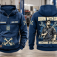Mechanic By Choice Vintage Hoodie in Dark Blue, complete front and back views with sample text CUSTOM NAME and SINCE 2000, mechanic portrait, crossed wrenches, gear and socket-rail artwork in a quiet workshop.