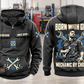 Mechanic By Choice Vintage Hoodie in Dark Gray, complete front and back views with sample text CUSTOM NAME and SINCE 2000, mechanic portrait, crossed wrenches, gear and socket-rail artwork in a quiet workshop.