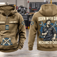 Mechanic By Choice Vintage Hoodie in Kaki, complete front and back views with sample text CUSTOM NAME and SINCE 2000, mechanic portrait, crossed wrenches, gear and socket-rail artwork in a quiet workshop.