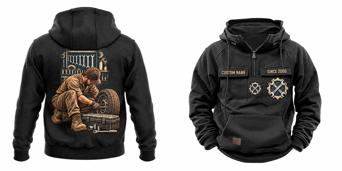 Mechanic Ready Every Day Portrait Vintage Hoodie in Black, full front and back views with sample text CUSTOM NAME and SINCE 2000, crossed-wrench gear chest emblems and kneeling mechanic back artwork.