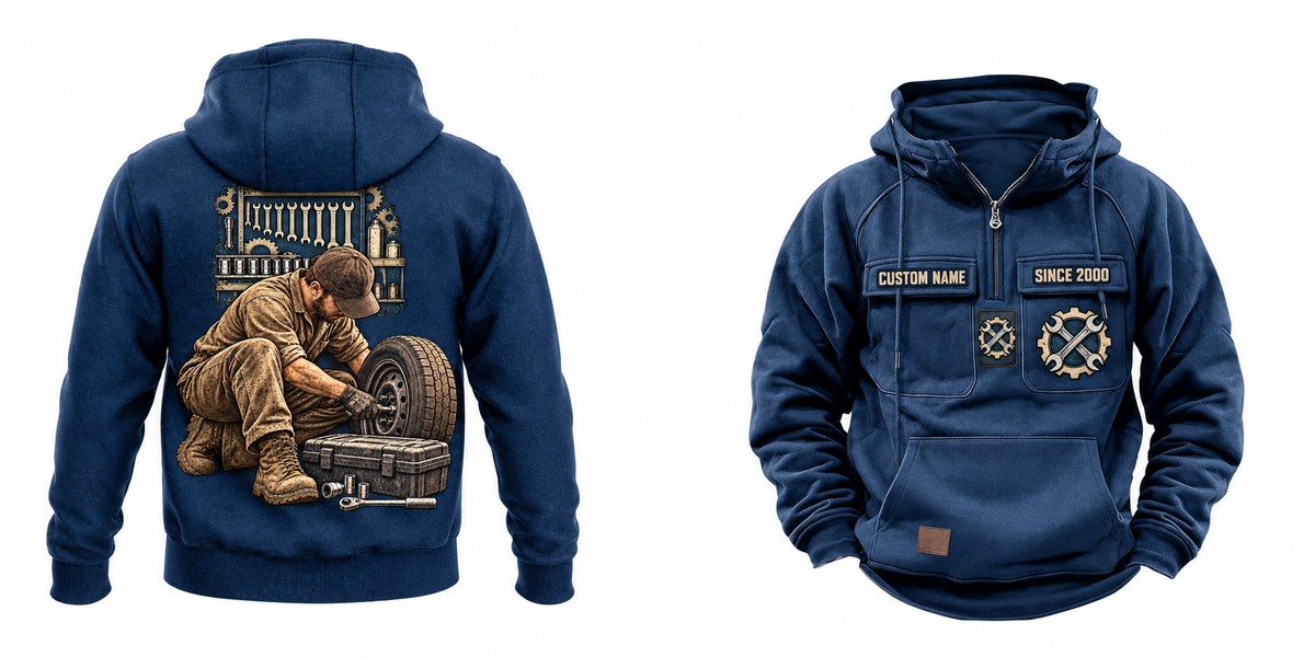 Mechanic Ready Every Day Portrait Vintage Hoodie in Dark Blue, full front and back views with sample text CUSTOM NAME and SINCE 2000, crossed-wrench gear chest emblems and kneeling mechanic back artwork.