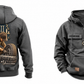 Mechanic Ready Every Day Portrait Vintage Hoodie in Dark Gray, full front and back views with sample text CUSTOM NAME and SINCE 2000, crossed-wrench gear chest emblems and kneeling mechanic back artwork.