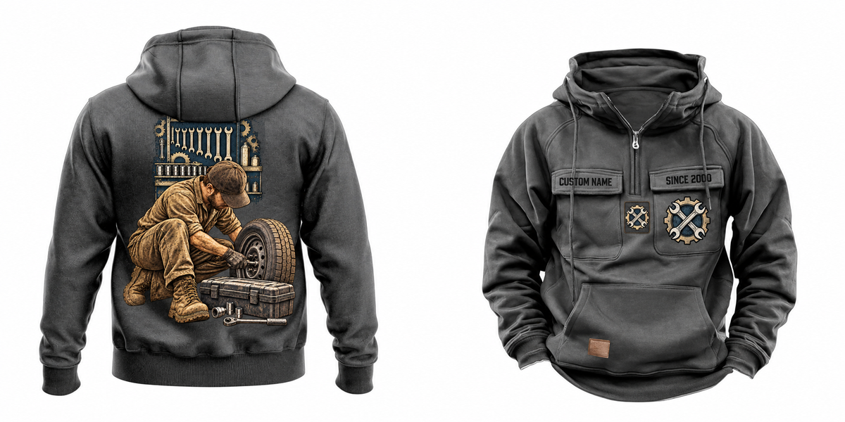 Mechanic Ready Every Day Portrait Vintage Hoodie in Dark Gray, full front and back views with sample text CUSTOM NAME and SINCE 2000, crossed-wrench gear chest emblems and kneeling mechanic back artwork.