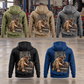 Mechanic Ready Every Day Portrait Vintage Hoodie in all five colors, Military Green, Kaki, Dark Gray, Black and Dark Blue, shown as five complete separated back views in a quiet vehicle workshop.