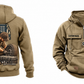 Mechanic Ready Every Day Portrait Vintage Hoodie in Kaki, full front and back views with sample text CUSTOM NAME and SINCE 2000, crossed-wrench gear chest emblems and kneeling mechanic back artwork.