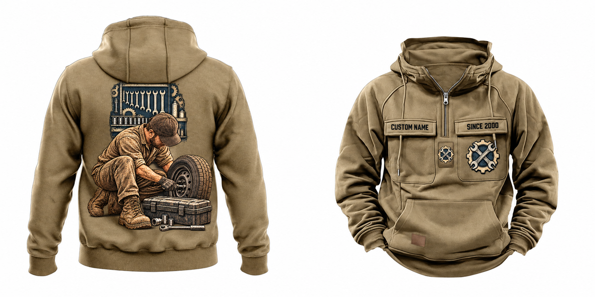 Mechanic Ready Every Day Portrait Vintage Hoodie in Kaki, full front and back views with sample text CUSTOM NAME and SINCE 2000, crossed-wrench gear chest emblems and kneeling mechanic back artwork.
