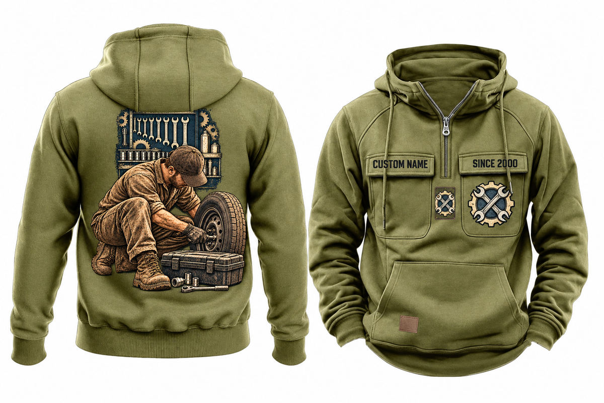 Mechanic Ready Every Day Portrait Vintage Hoodie in Military Green, full front and back views with sample text CUSTOM NAME and SINCE 2000, crossed-wrench gear chest emblems and kneeling mechanic back artwork.