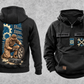 Mechanic Workday Portrait Vintage Hoodie in Black, separated front and back views with CUSTOM NAME and SINCE 2000 sample chest text, wrench-and-gear chest emblems, and a kneeling mechanic with wheel and closed tool case on a tall back panel.