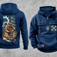 Mechanic Workday Portrait Vintage Hoodie in Dark Blue, separated front and back views with CUSTOM NAME and SINCE 2000 sample chest text, wrench-and-gear chest emblems, and a kneeling mechanic with wheel and closed tool case on a tall back panel.