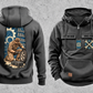 Mechanic Workday Portrait Vintage Hoodie in Dark Gray, separated front and back views with CUSTOM NAME and SINCE 2000 sample chest text, wrench-and-gear chest emblems, and a kneeling mechanic with wheel and closed tool case on a tall back panel.