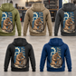 Mechanic Workday Portrait Vintage Hoodie in all five colors: Military Green, Kaki, Dark Gray, Black and Dark Blue. Five complete separated back views in a quiet vehicle workshop show the same tall gear-and-socket panel with a kneeling mechanic, detached wheel and closed tool case.