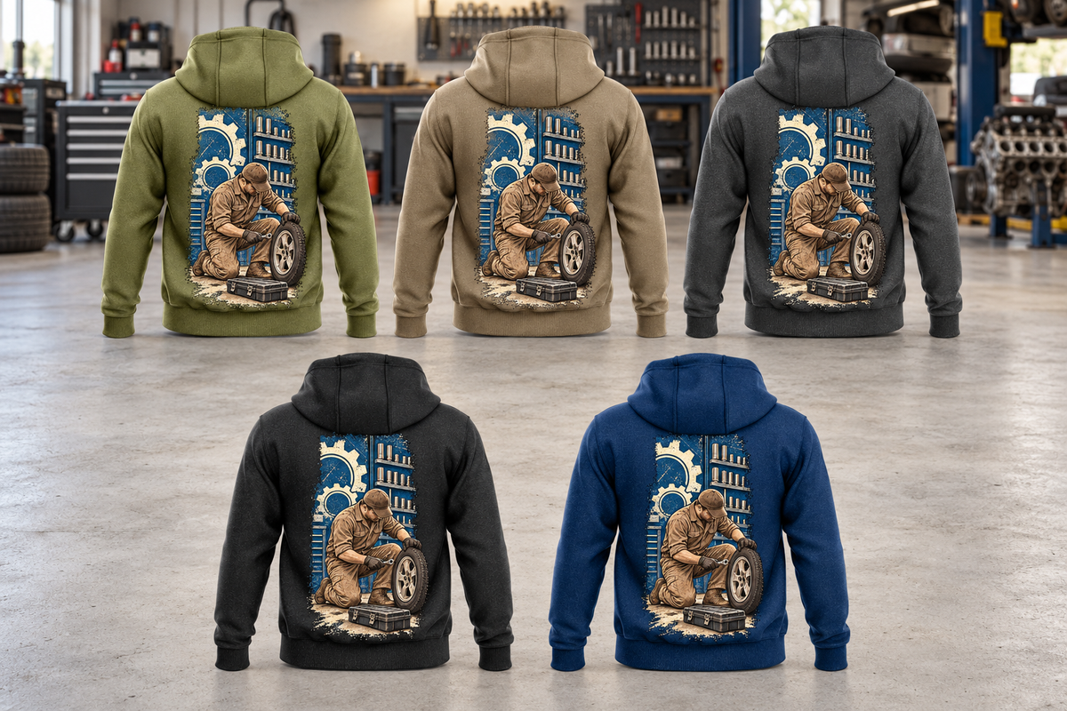 Mechanic Workday Portrait Vintage Hoodie in all five colors: Military Green, Kaki, Dark Gray, Black and Dark Blue. Five complete separated back views in a quiet vehicle workshop show the same tall gear-and-socket panel with a kneeling mechanic, detached wheel and closed tool case.