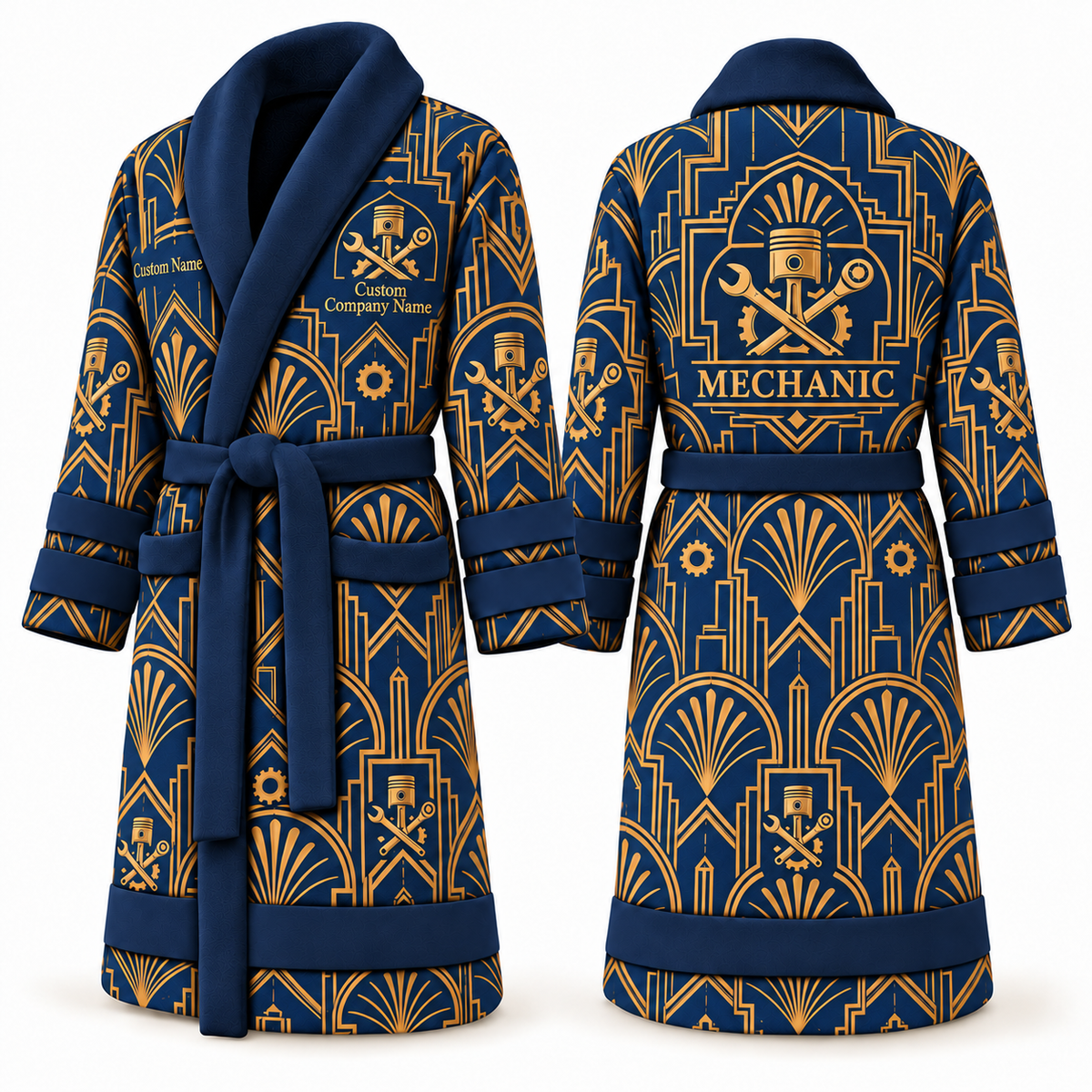 Personalized Mechanic Bathrobe - Art Deco Craft blue front and back view