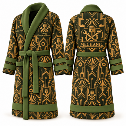 Personalized Mechanic Bathrobe - Art Deco Craft olive front and back view