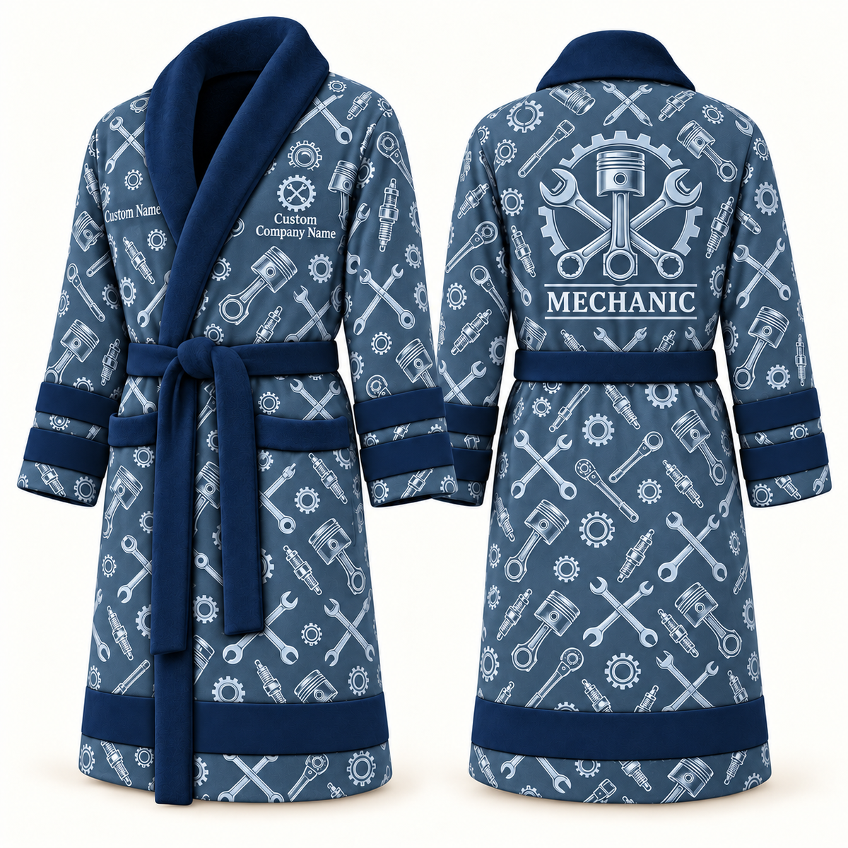 Personalized Mechanic Bathrobe blue front and back