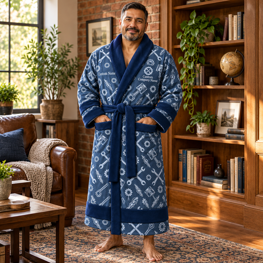 Personalized Mechanic Bathrobe Blue worn at home