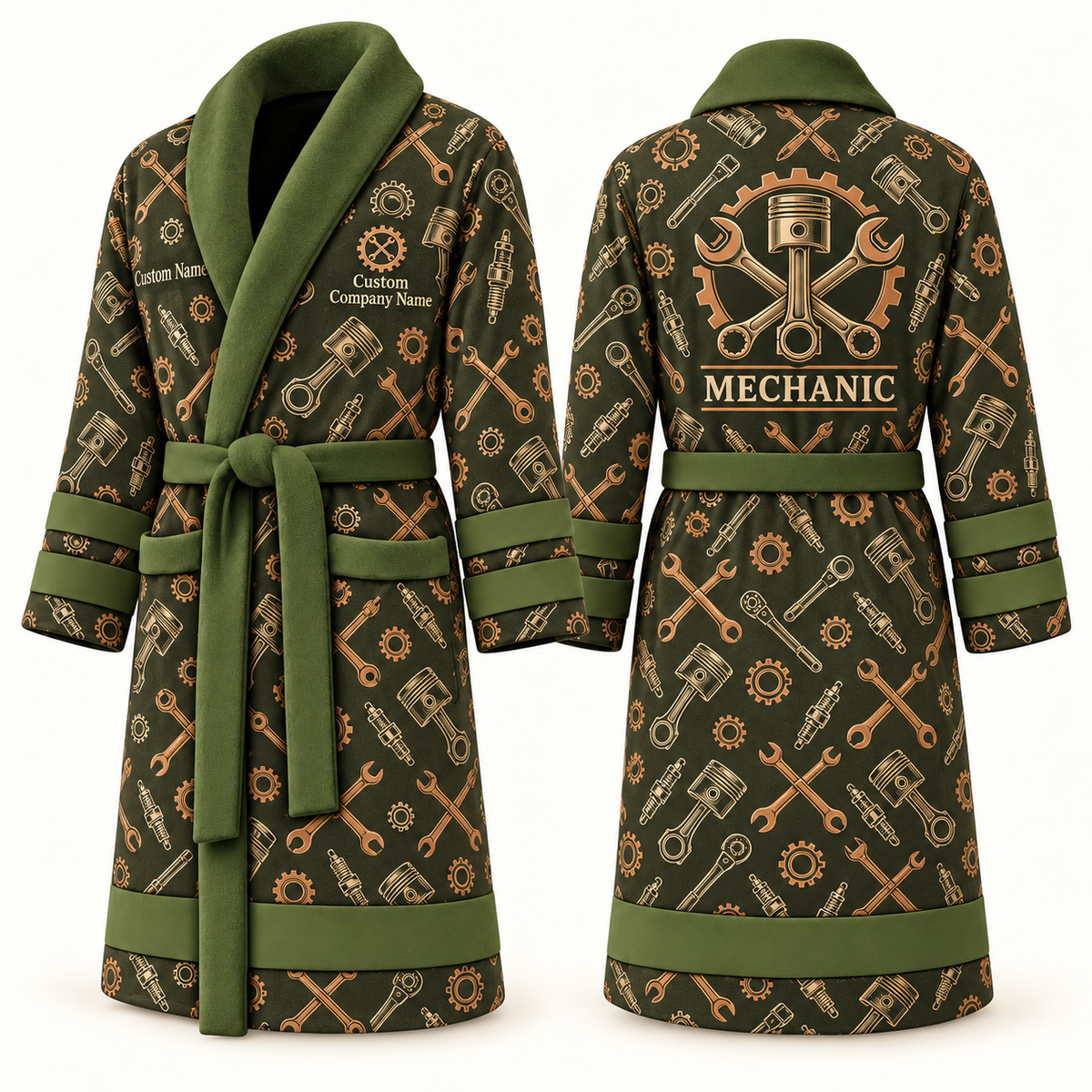 Personalized Mechanic Bathrobe olive front and back