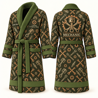 Personalized Mechanic Bathrobe olive front and back