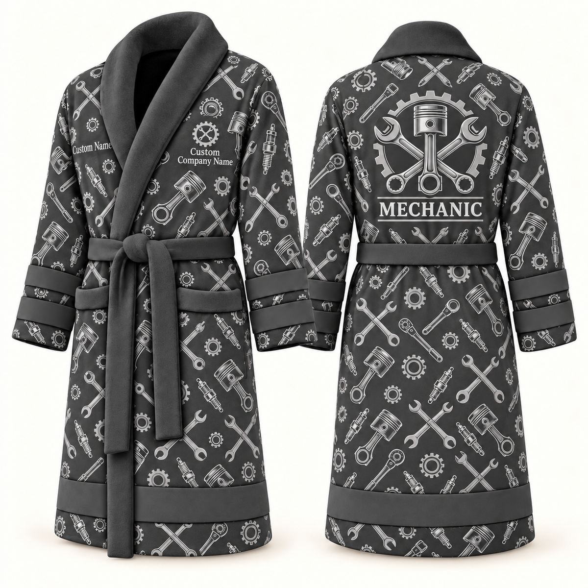 Personalized Mechanic Bathrobe slate front and back