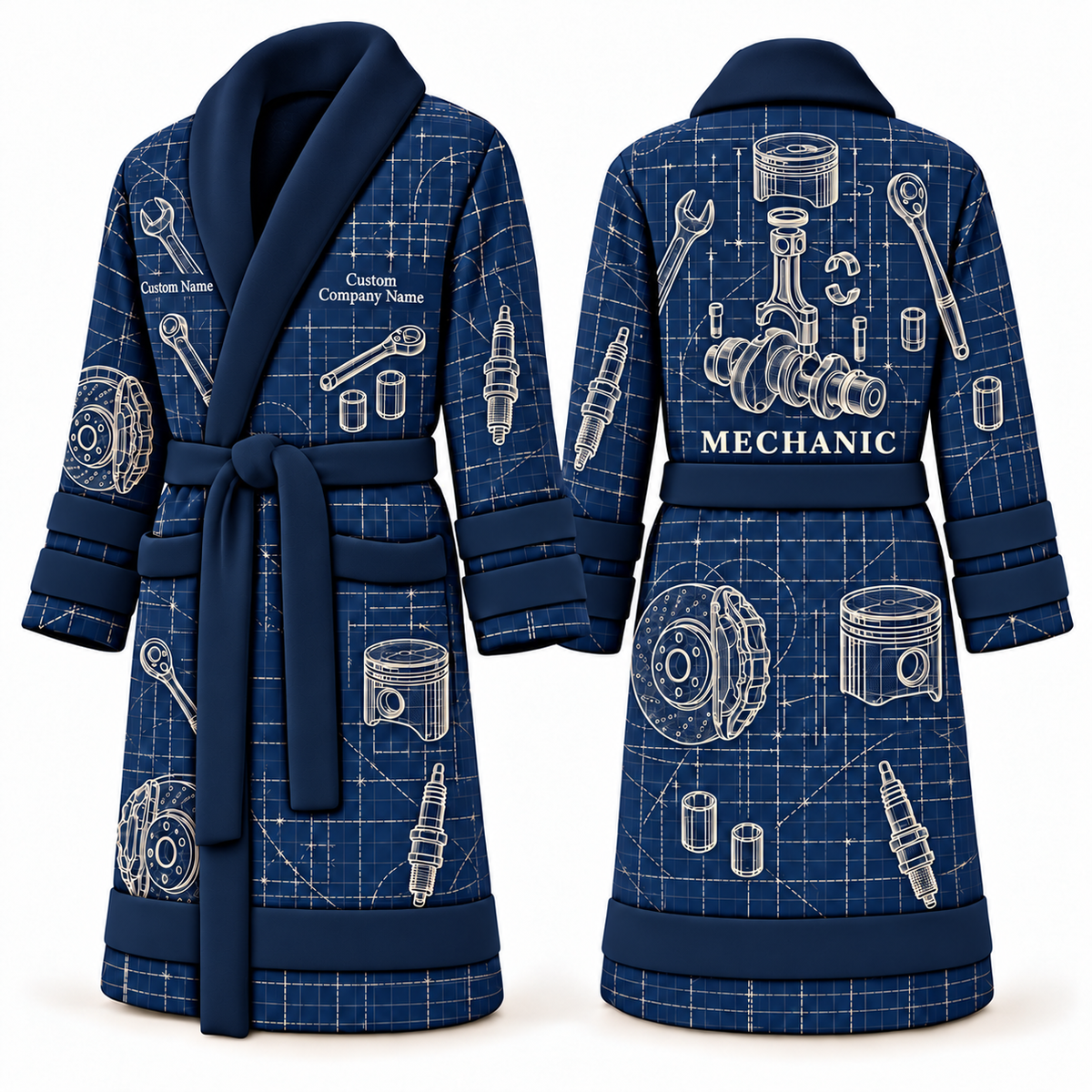 Personalized Mechanic Bathrobe - Blueprint Workshop blue front and back view