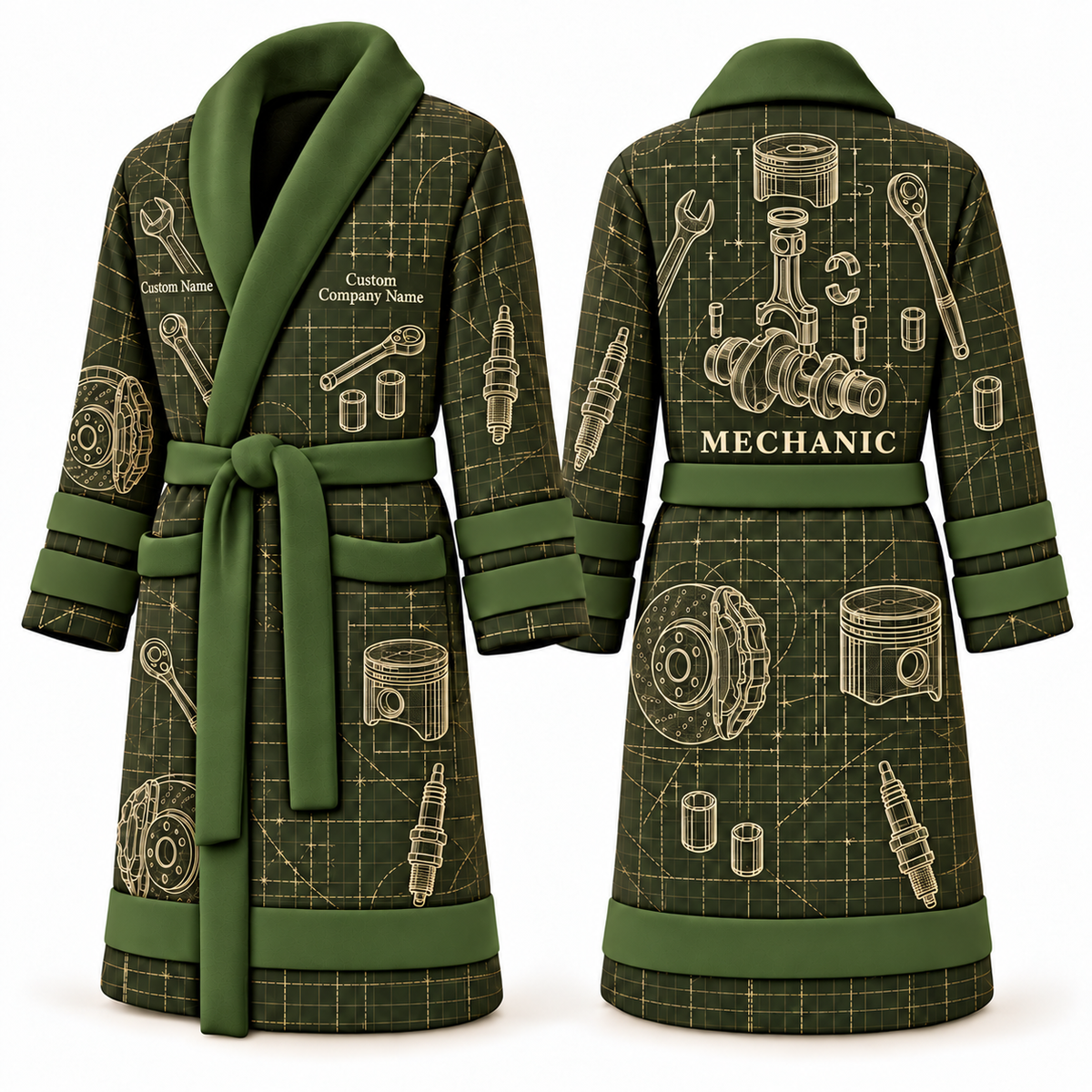 Personalized Mechanic Bathrobe - Blueprint Workshop olive front and back view