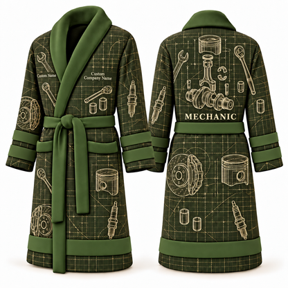 Personalized Mechanic Bathrobe - Blueprint Workshop olive front and back view