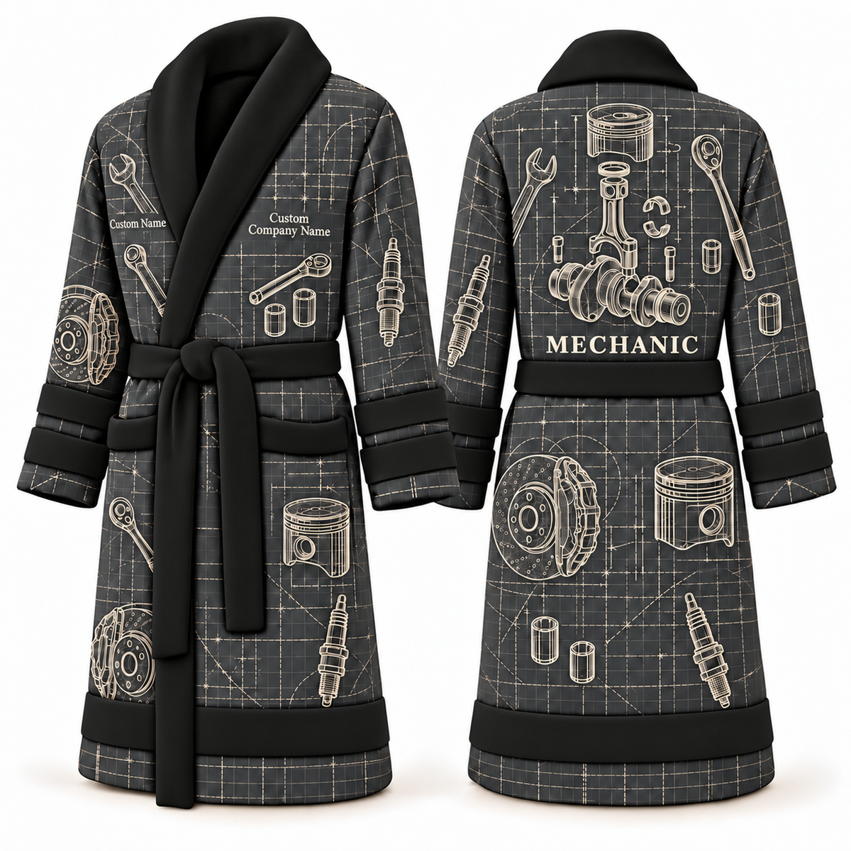 Personalized Mechanic Bathrobe - Blueprint Workshop slate front and back view