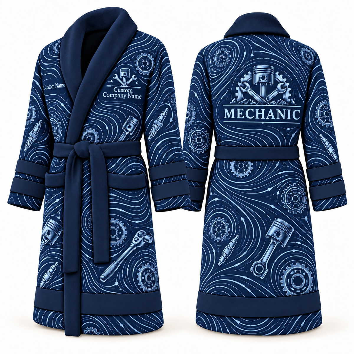 Personalized Mechanic Bathrobe - Contour Lines blue front and back view
