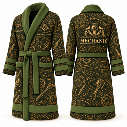 Personalized Mechanic Bathrobe - Contour Lines olive front and back view
