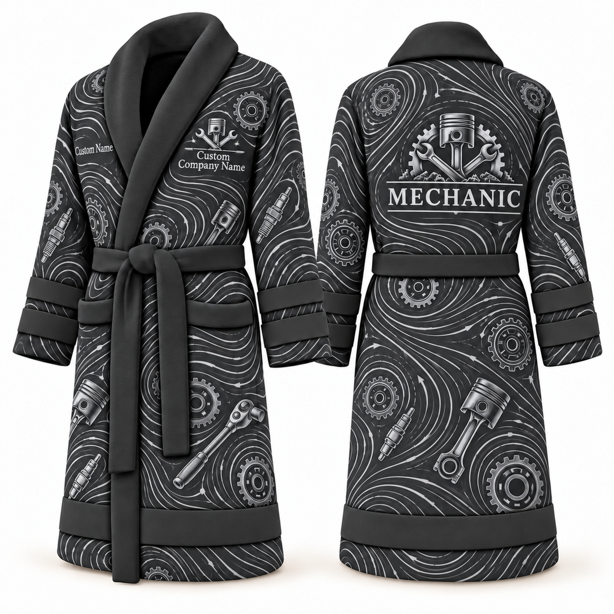 Personalized Mechanic Bathrobe - Contour Lines slate front and back view