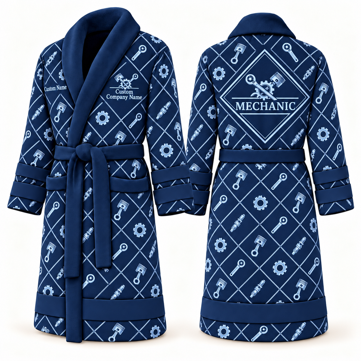 Personalized Mechanic Bathrobe - Diamond Emblems blue front and back view