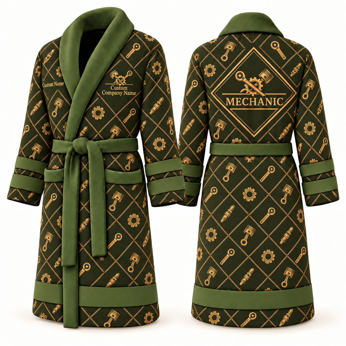 Personalized Mechanic Bathrobe - Diamond Emblems olive front and back view