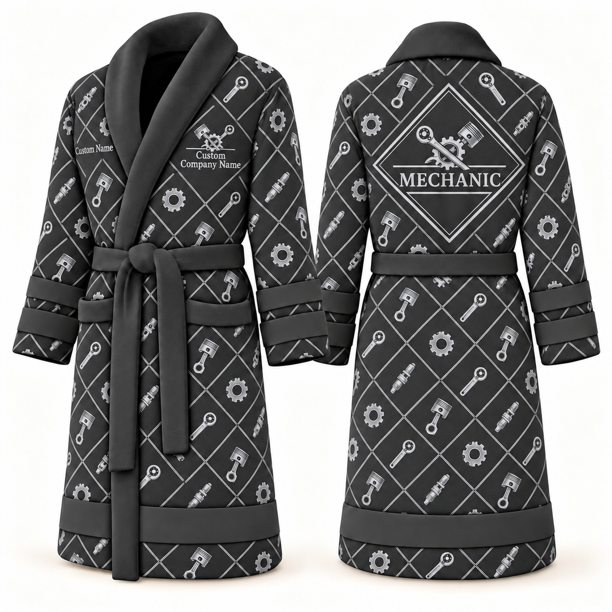 Personalized Mechanic Bathrobe - Diamond Emblems slate front and back view