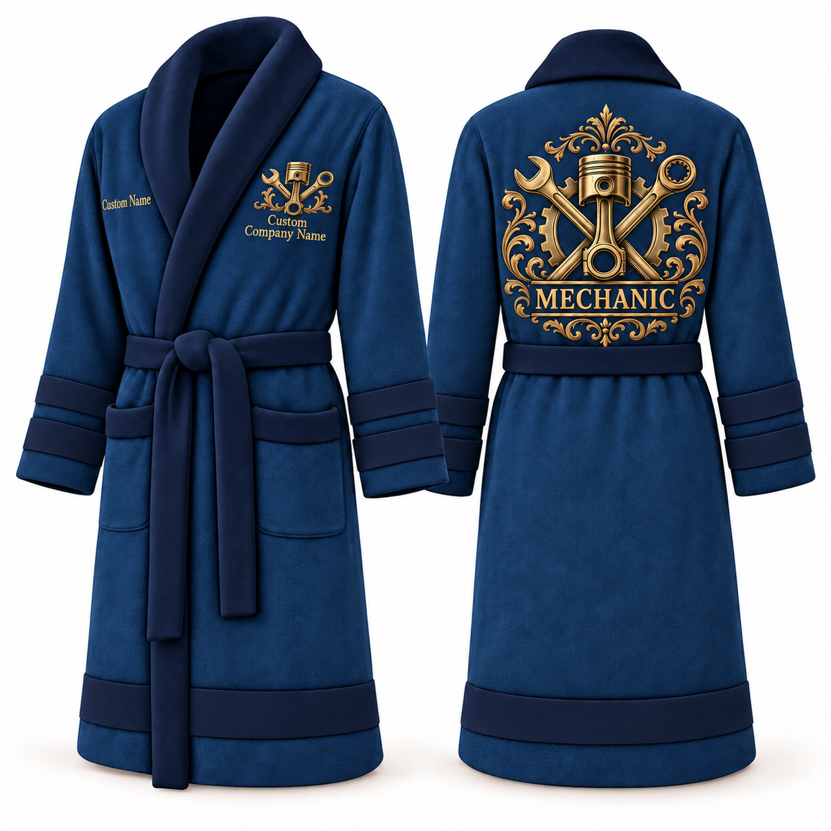 Personalized Mechanic Bathrobe - Heritage Crest blue front and back view