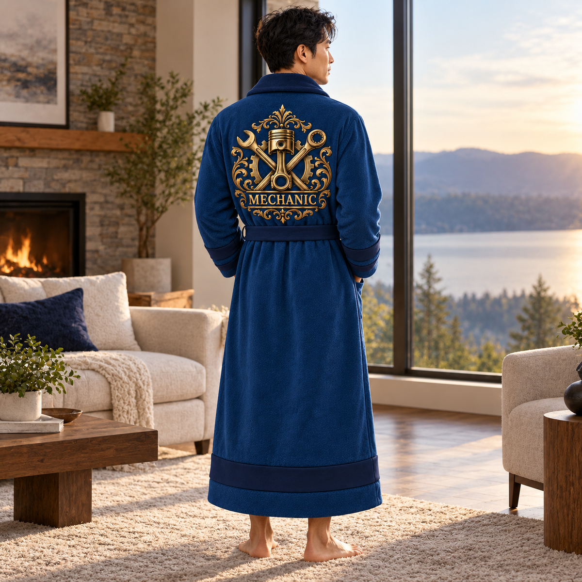Personalized Mechanic Bathrobe - Heritage Crest lifestyle view