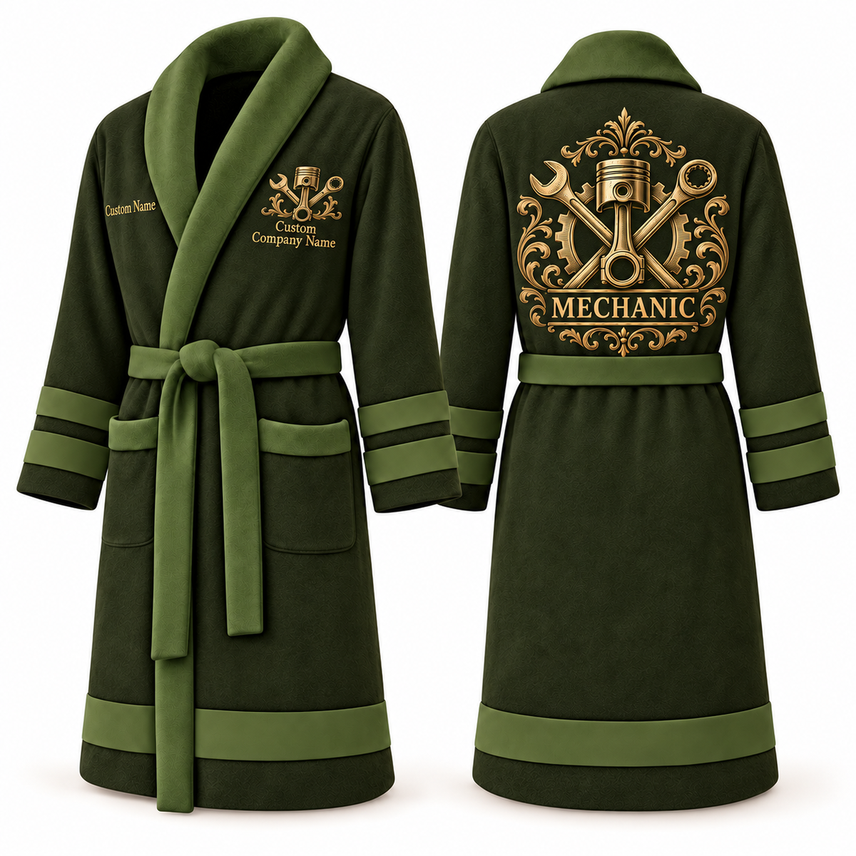 Personalized Mechanic Bathrobe - Heritage Crest olive front and back view