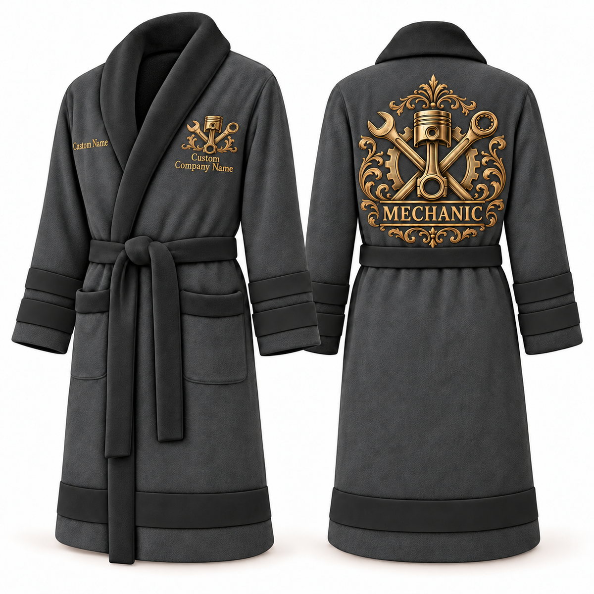 Personalized Mechanic Bathrobe - Heritage Crest slate front and back view
