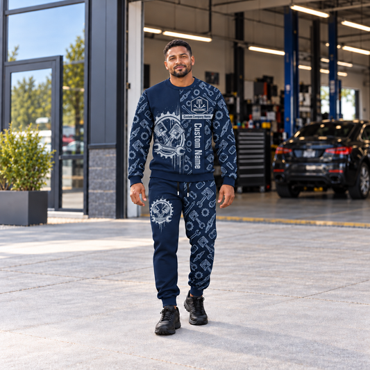 mechanic occupation-themed sweater and jogger combo on a model with name and company artwork