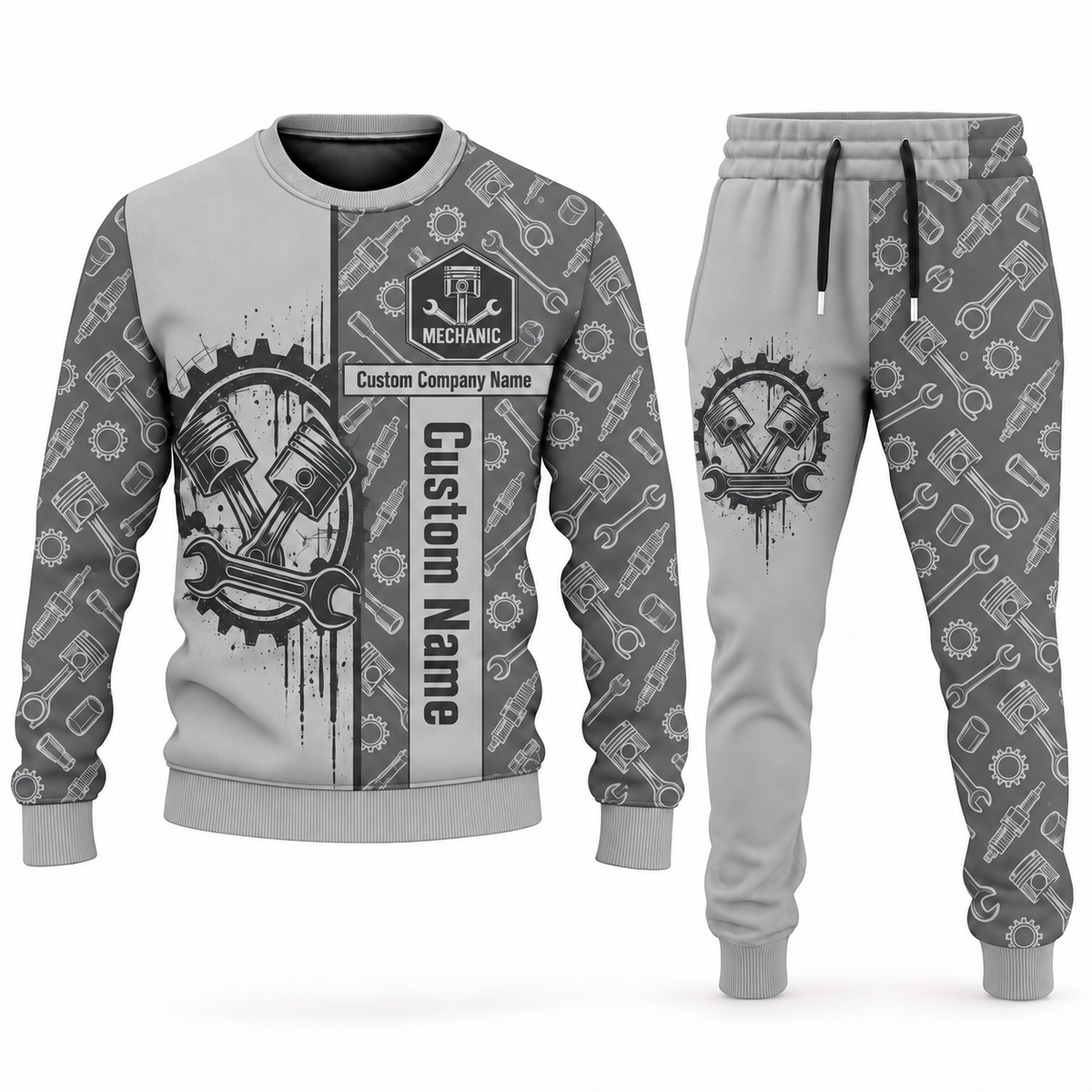 mechanic occupation-themed sweater and jogger combo lightgray color with name and company artwork