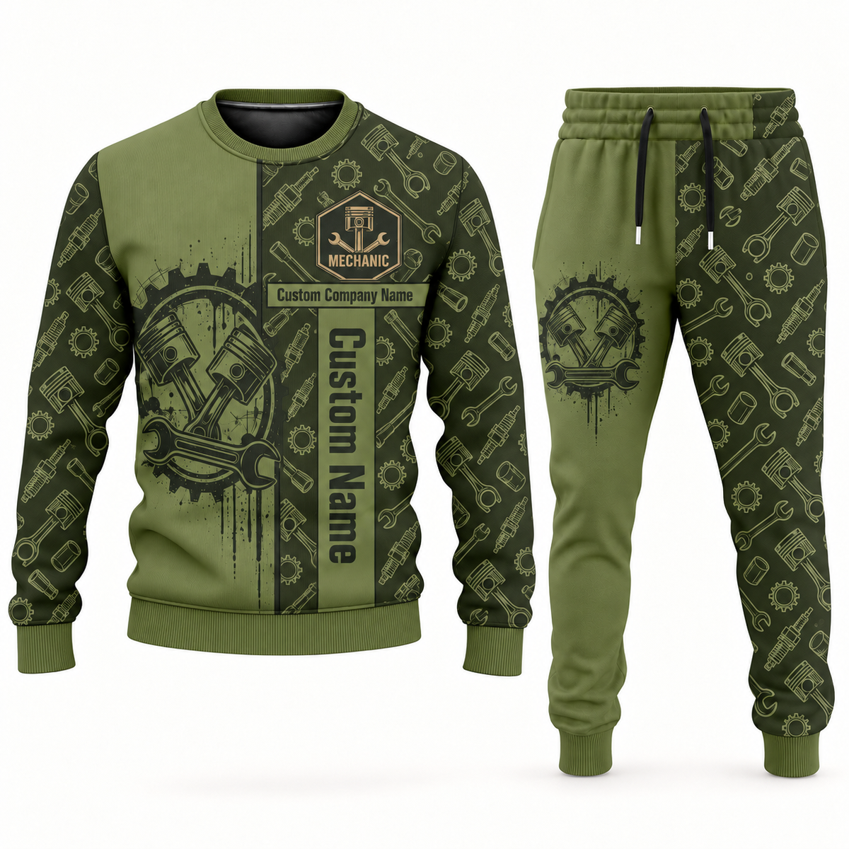 mechanic occupation-themed sweater and jogger combo olive color with name and company artwork