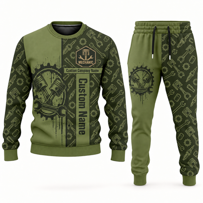 mechanic occupation-themed sweater and jogger combo olive color with name and company artwork