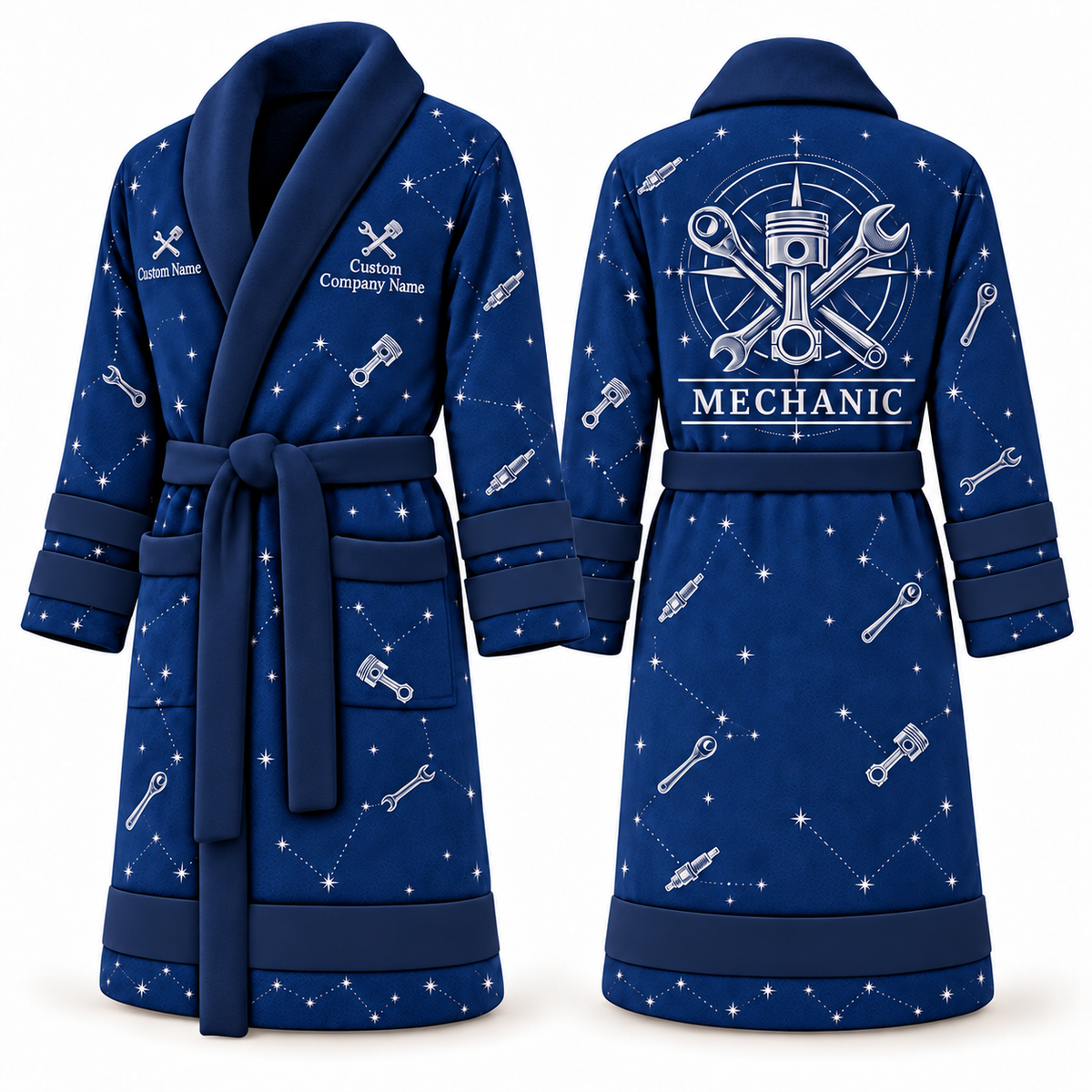 Personalized Mechanic Bathrobe - Night Shift blue front and back view