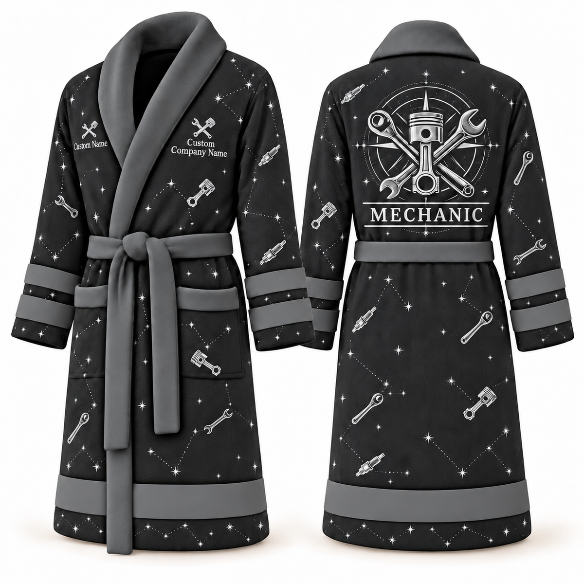 Personalized Mechanic Bathrobe - Night Shift slate front and back view