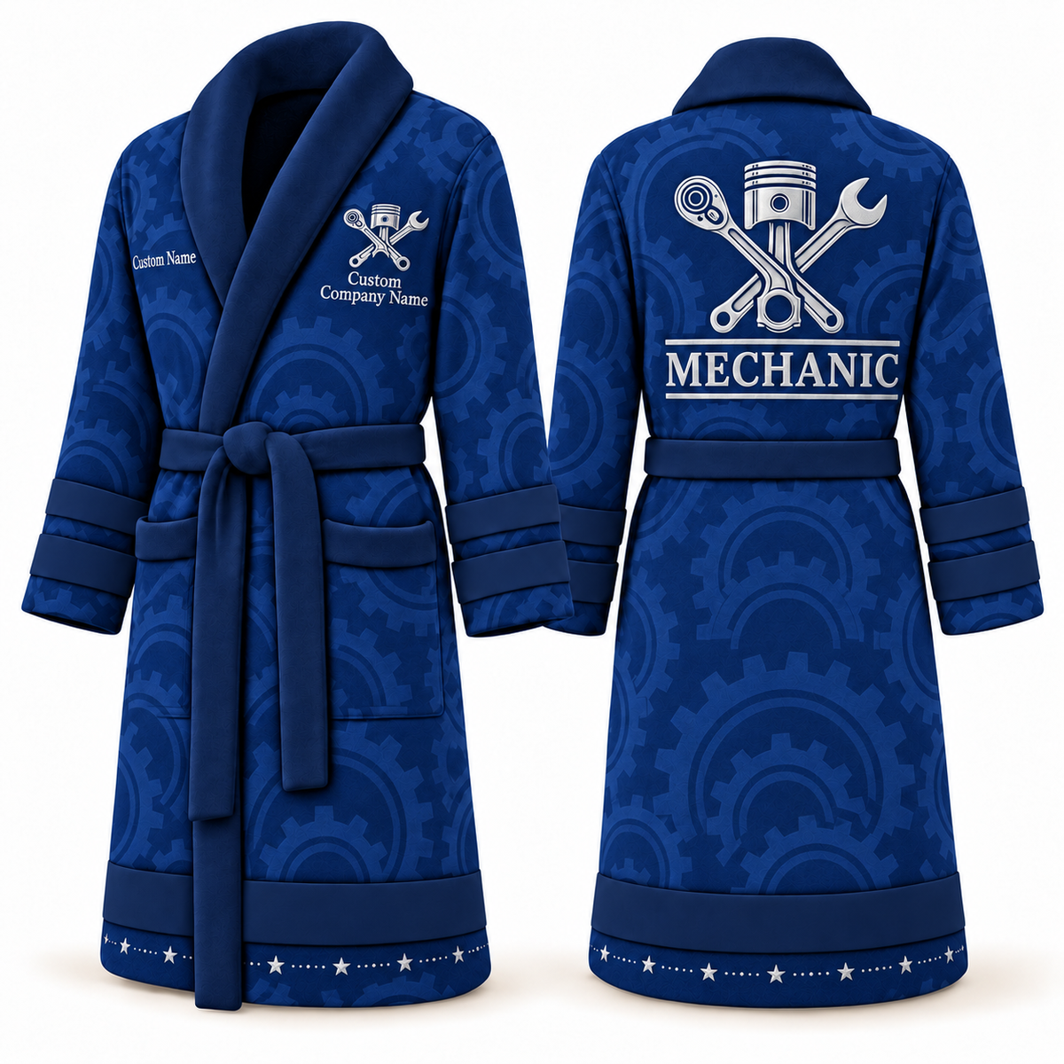 Personalized Mechanic Bathrobe - Signature Silhouette blue front and back view